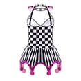 thumbnail image 2 of dPois Kids Girls Circus Clown Joker Costume Halloween Cosplay Striped Sequins Pompoms Adorned Leotard Black&Rose 4, 2 of 7