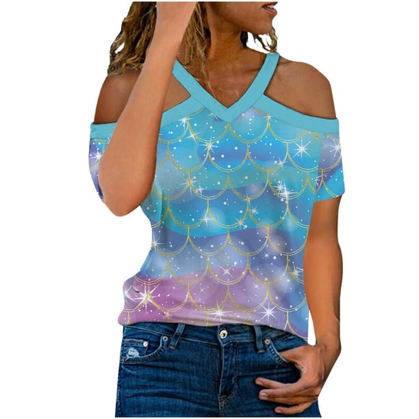 Tops con estampado de hombros descubiertos de manga corta con cuello en V para mujer Pompotops hkajfhjk466933