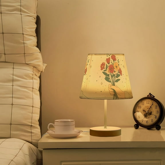 Yayeee Mini Table Lamp 10.8" Dimmable with Fabric Shade 3 Color Temperatures, Beige Cute Flower