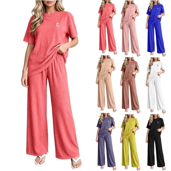 PNTUTB 2 Piece Set for Women Crew Neck Short Sleeve Top Wide Leg Pants Outfit Set Solid Color Casual Loose Comfortable Daily Trendy Homewear Sets