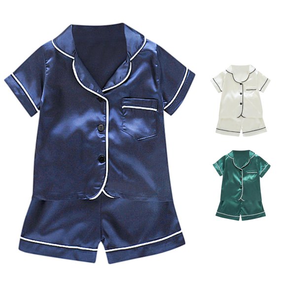 MEZZALL Toddler Kids Baby Boys Girl Solid Color Pajamas Sets Sleepwear Short Sleeve Lapel Shirt Shorts Clothes Set Relaxed Fit Nightwear