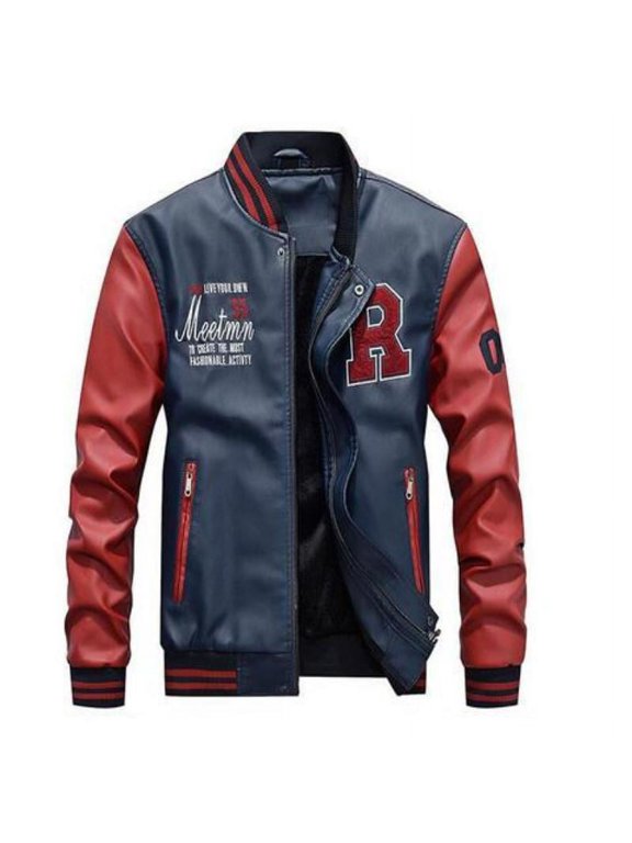 Mens Baseball Faux Leather Jacket - S - Blue