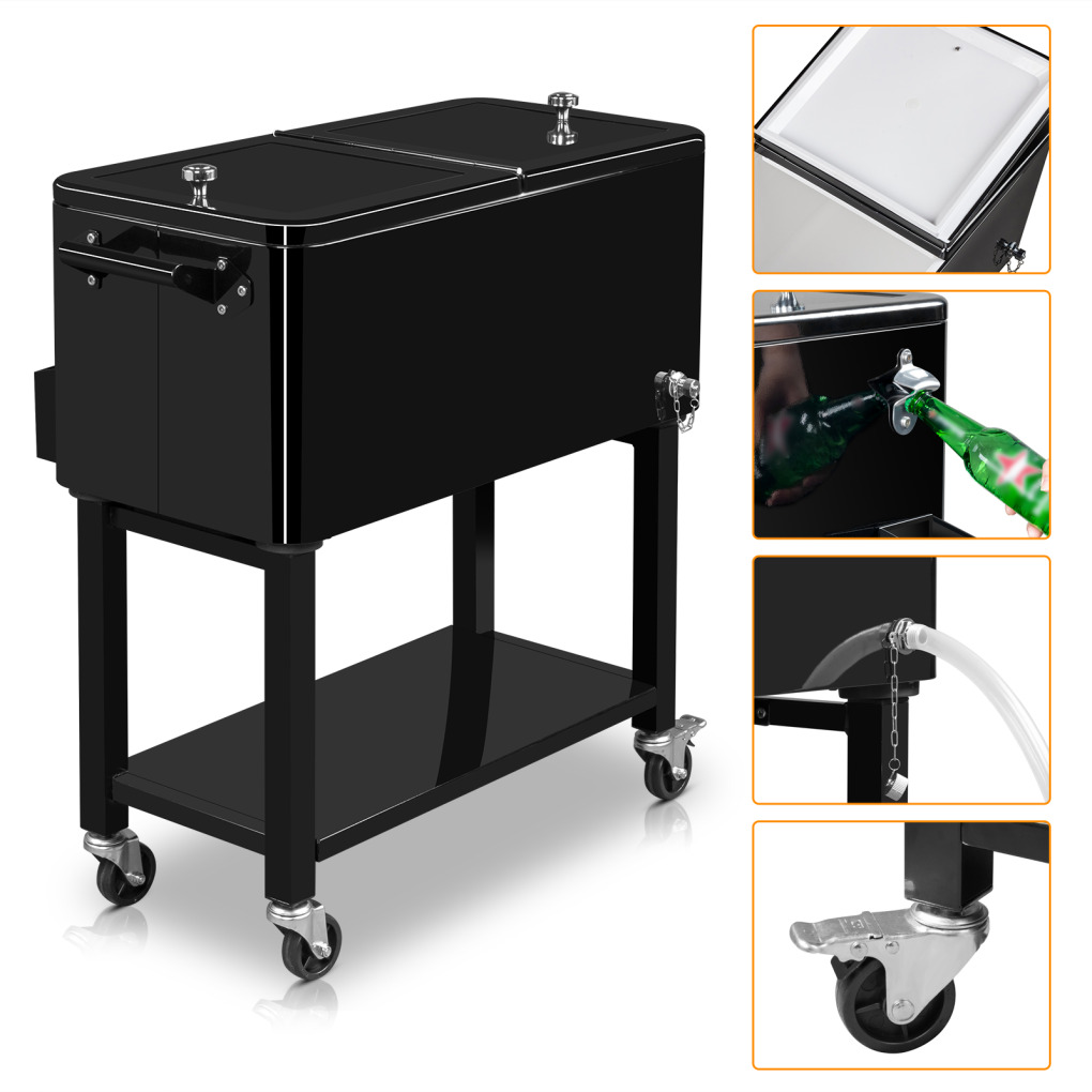 80QT Insulated Cooler Cart, Rectangular Plastic Refrigeration with Opener and Cap Catcher, 2 Side Handles, Cooling 48 Hours, for Outdoor, Black