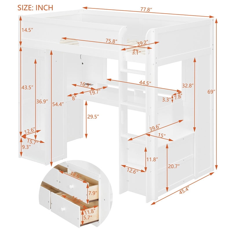 Twin Versatile Loft Bed with L-Shaped Desk, LED Light Strip & Charging Station, Storage Kids Bed Frame with Drawers & Wardrobe