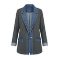 thumbnail image 4 of Kilaqueen Women's Denim Patchwork Blazer, Notched Lapel Long Sleeve One Button Jacket with Pockets, Contrast Casual Office Coat for Streetwear Outfits, 4 of 8