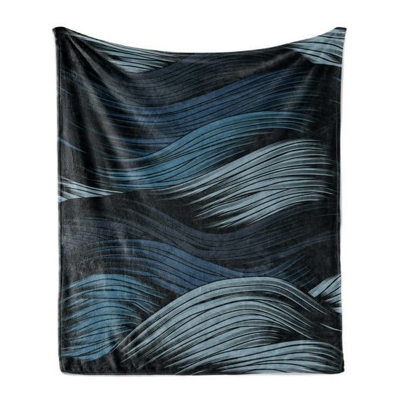 Japanese Soft Flannel Fleece Blanket, Abstract Curly Ocean Japanese Waves Symbolizing Strength Tsunami Doodle, Cozy Plush for Indoor and Outdoor Use, 50" x 70", Blue Grey Night Blue, by Ambesonne