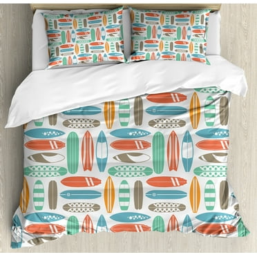 Surfboard Queen Size Duvet Cover Set, Colorful Surfing Sea Pattern with Summer Travel Illustration in Retro Colors, Decorative 3 Piece Bedding Set with 2 Pillow Shams, Multicolor, by Ambesonne