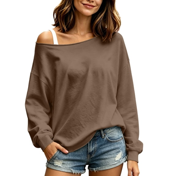 Guluxicc One Shoulder Shirts for Women Loose Boat Neck Trendy Style Long Ribbed Sleeve Tops for Everyday Wear Fall Winter Casual Shirts