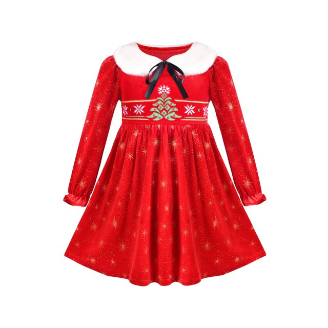 Robe Fille Noël Velours Rouge Broderie Manches Longues Col Amovible 7-8 Ans