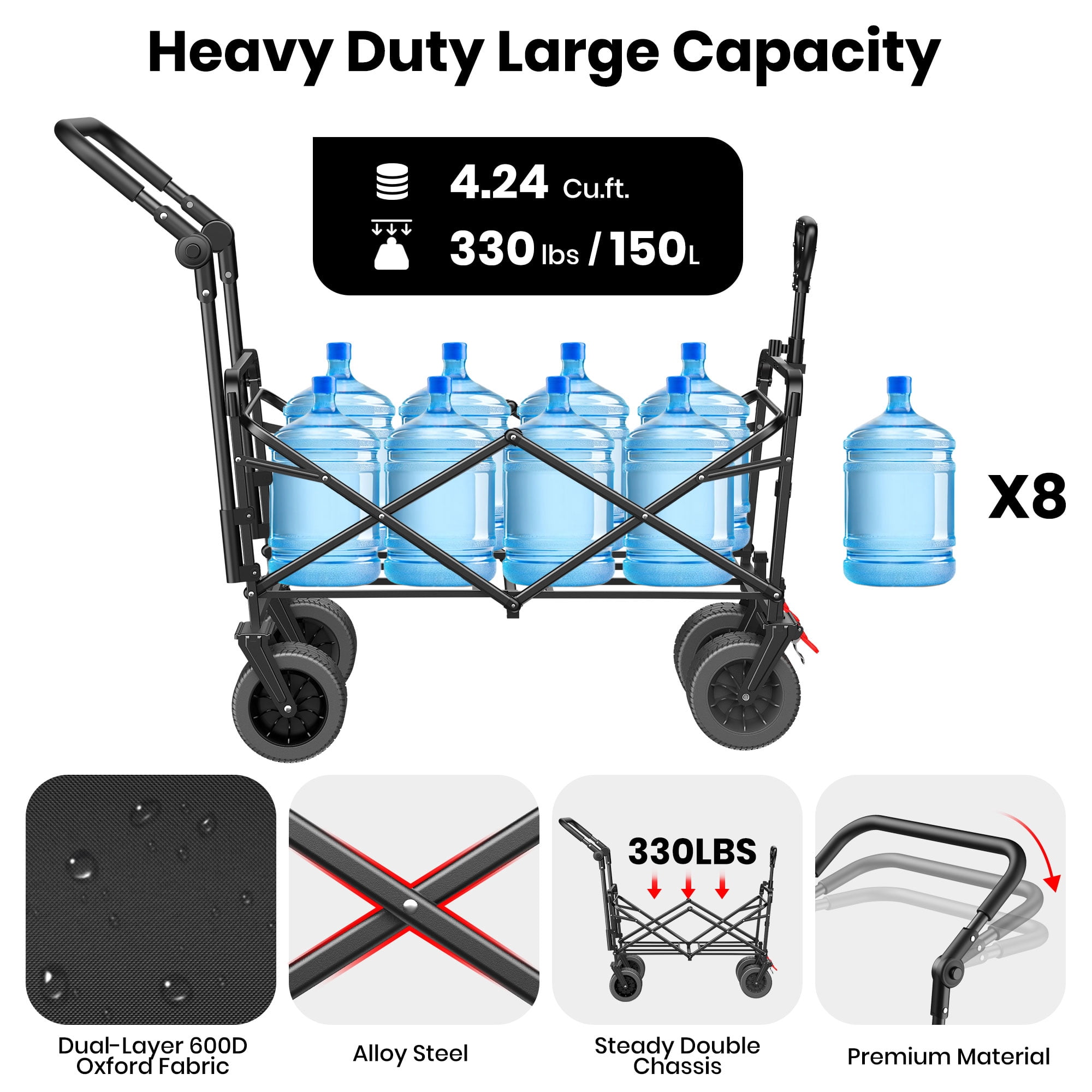 GVDV Collapsible Wagon Cart with Removable Canopy, Foldable Utility Cart with All-terrain Wheels, Versatile Folding Wagon for Kids, Grocery, Shopping and Camping, Black