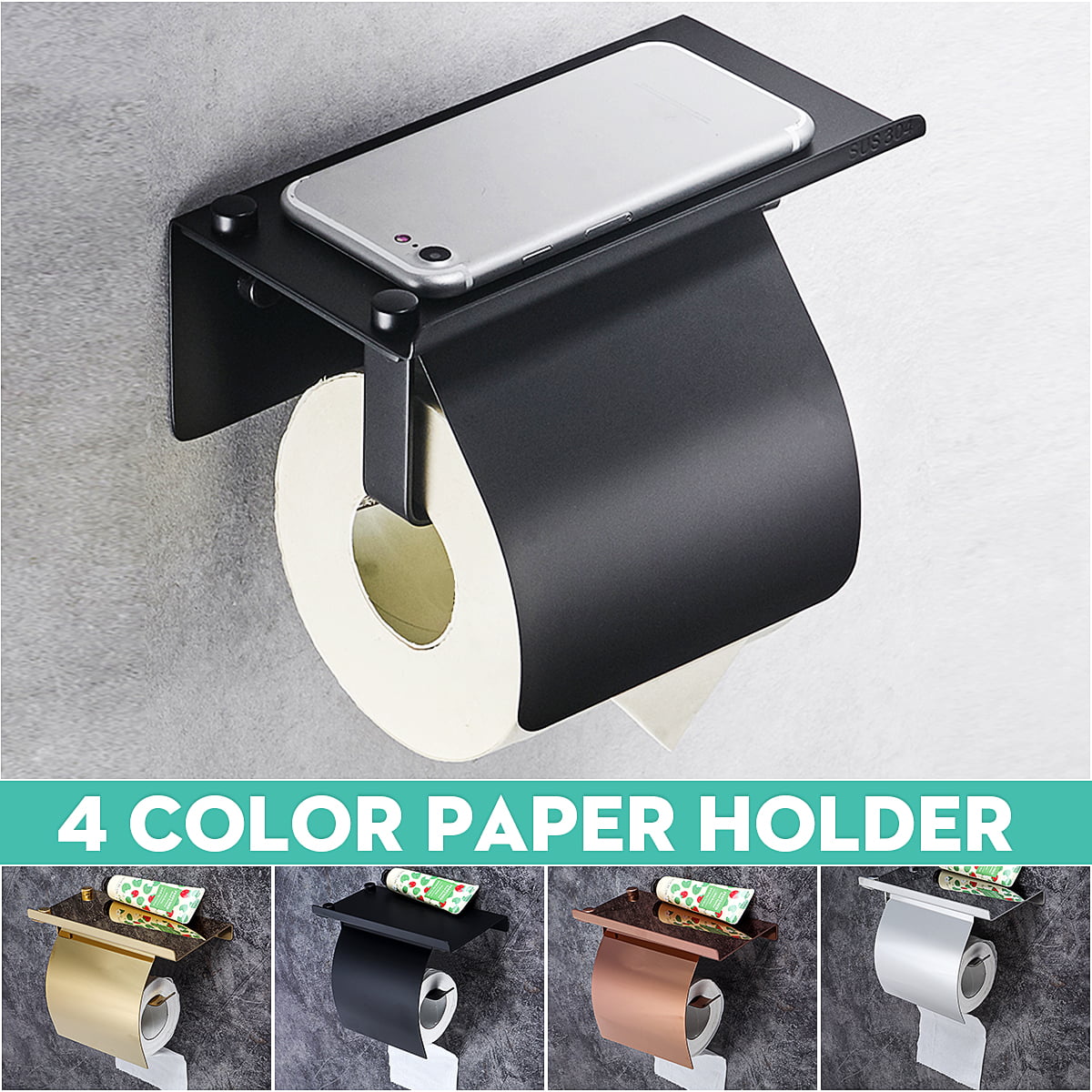 Black Wall Mounted Toilet Bathroom Paper Phone Holder Rack Tissue Roll Stand 