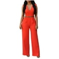thumbnail image 3 of AGWOLF Women's V Neck Wrap Jumpsuits Dressy Casual Sleeveless One Piece with Belt High Waist Wide Leg Long Pants Overalls with Pockets Business Formal Pantsuits Orange M, 3 of 6