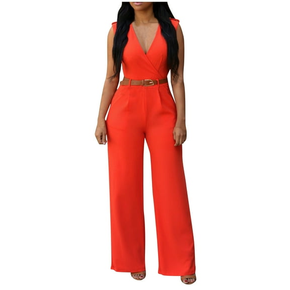 Loopsun Plus Size Womens Pants, Womens Solid Color Pocket Casual Sleeveless Long Pants High Waisted V-neck Wide Leg Pants Jumpsuit Orange M