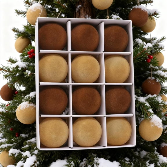 SHENGXINY Velvet Christmas Ornaments 12 Pcs Velvet Christmas Balls Flocked Christmas Tree Ball Ornaments Balls Xmas Decorative Hanging Ornaments Christmas Tree Decoration Brown