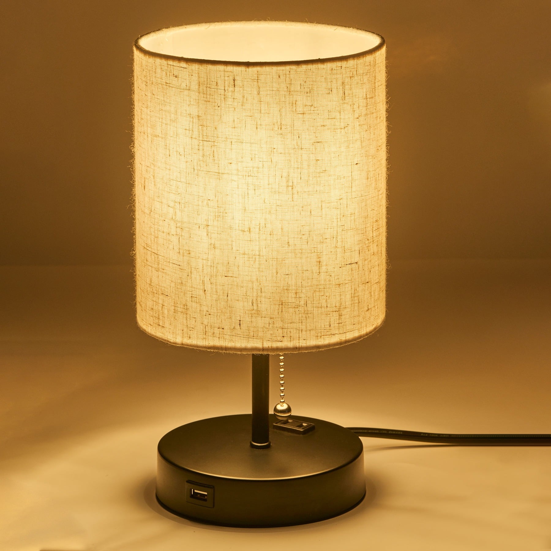 Wayshire Modern End Table and Side Table Lamp with USB Port & Outlet, Drum Shade, Black