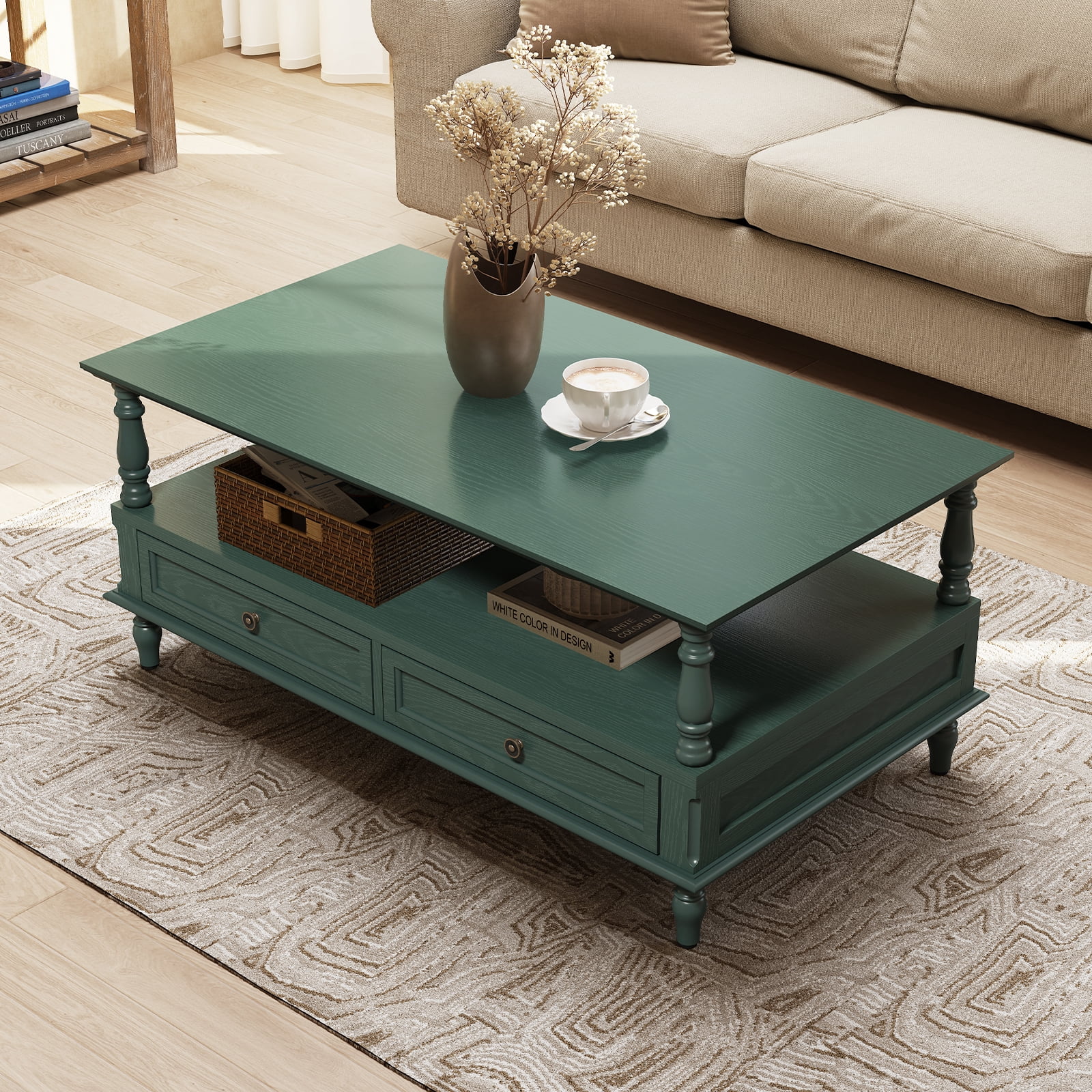 HLR 41" Mid Century Modern Coffee Table with Drawer Storage, Assembled Wood Center Table for Living Room, Green