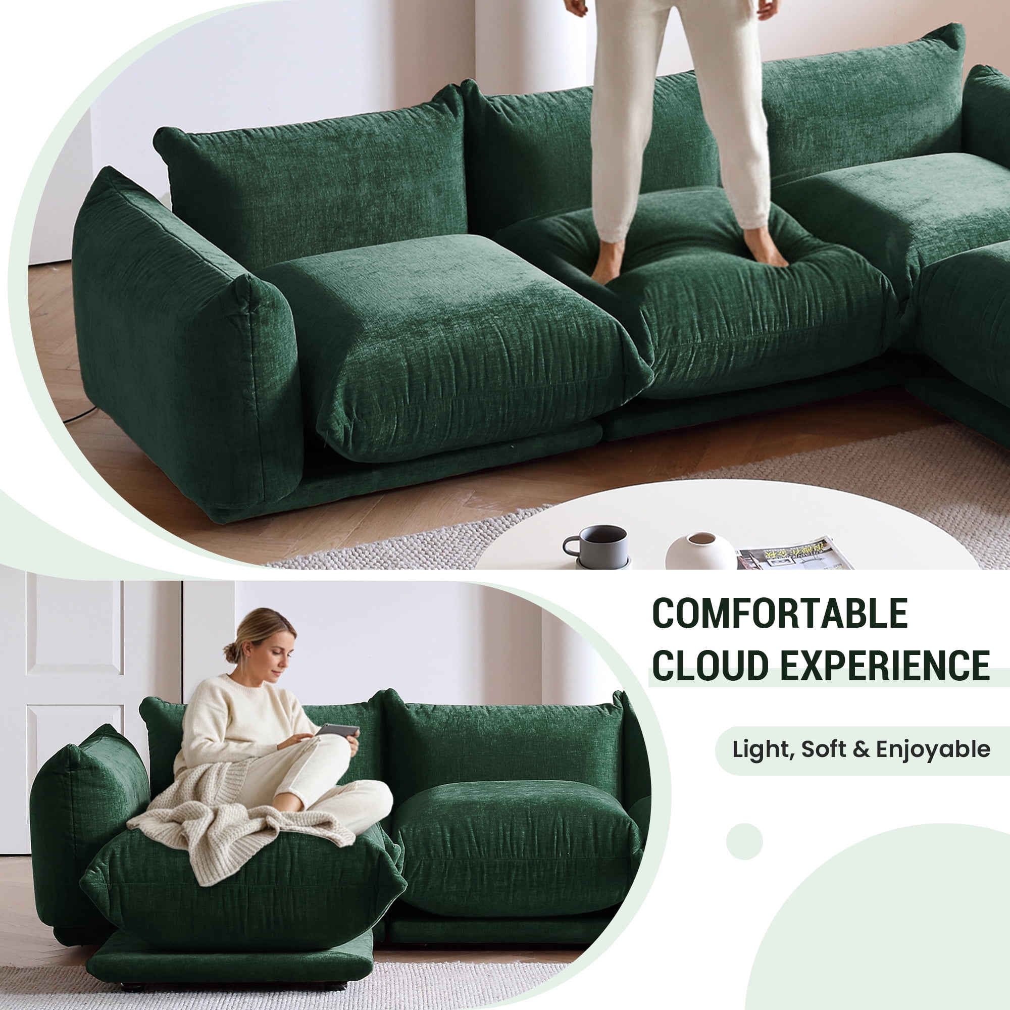 Magic Home Modular Sectional Sofa Floor sofa Foam Couch L-Shaped Sofa Chenille Couch 4-Seat Sofa Sectional Couch for Living Room,Green
