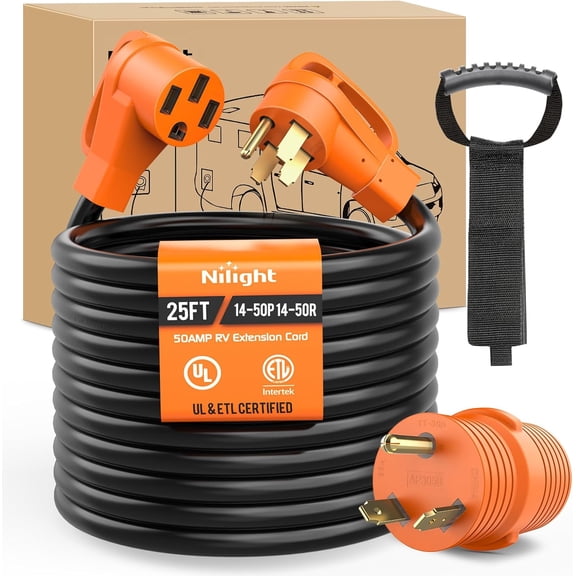Nilight 25FT 50 Amp RV Extension Cord with Adapter 30Amp to 50Amp 250V Heavy Duty 6/3 8/1 Gauge Pure Copper STW Wire UL ETL Listed 4 Prong 14-50P 14-50R Weatherproof Suit for Generators Camper