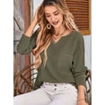thumbnail image 2 of Womens Tops Waffle Knit Long Sleeve Notched V Neck Shirts Casual Trendy Solid Color Loose Blouses  Green XL, 2 of 6