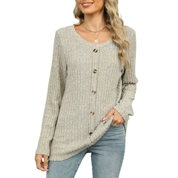 Cogild Pullover Tops Long Sleeve Tunic Sweaters for Women Causal Sweaters Crew Neck with Button Design