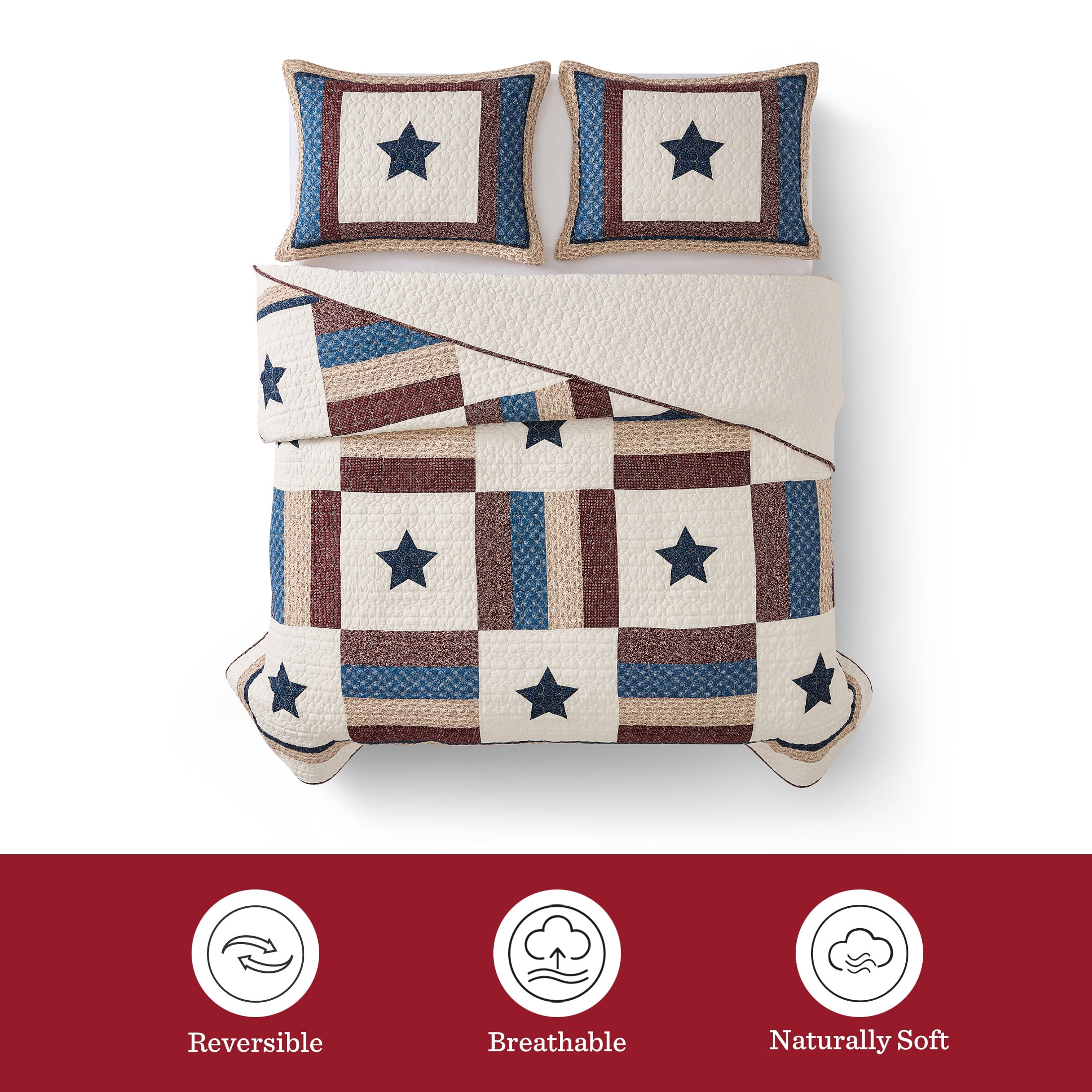 Country Home Queen Quilt Set, 100% Cotton & Reversible, Americana Stars Patchwork, 3-Piece