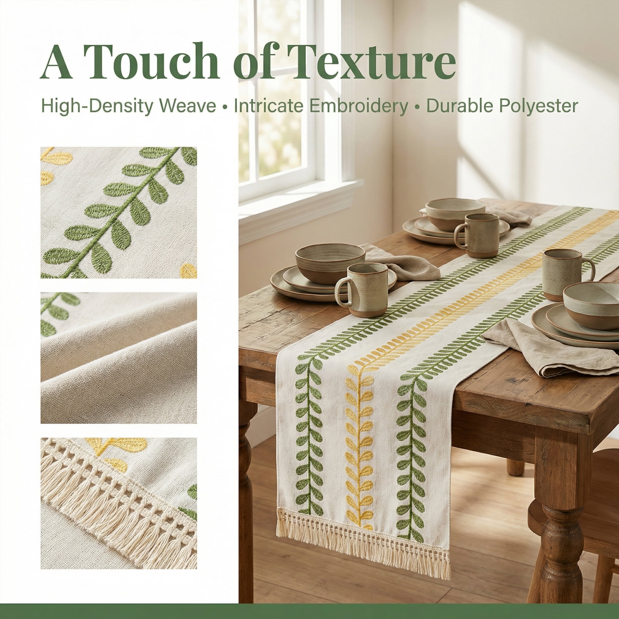 Unique Bargains Polyester Floral with Tassel Table Runner for Kitchen Green 15.4"x63"