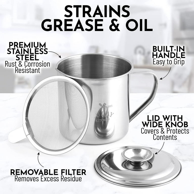 Zulay Bacon Grease Container With Strainer, Lid & Handle -Large, 1L  Stainless Steel - Perfect For Kitchen, Storing Ghee, Fats & Frying/Cooking  Oils