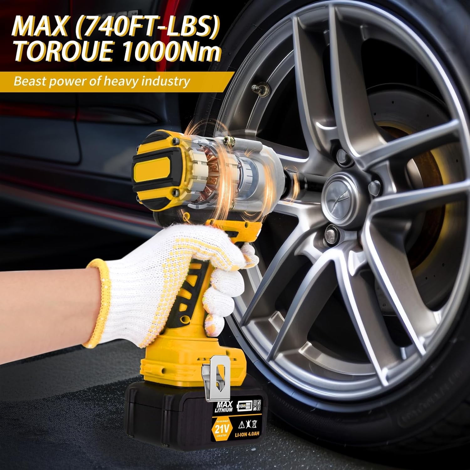 1000N.m(740ft-lbs) Cordless Impact Wrench, 1/2 Inch High Torque Brushless 21V Impact Gun w/ 2 x 4.0Ah Battery & Fast Charger & 5 Sockets, Pistola De Impacto for Home Car Tires Truck Mower