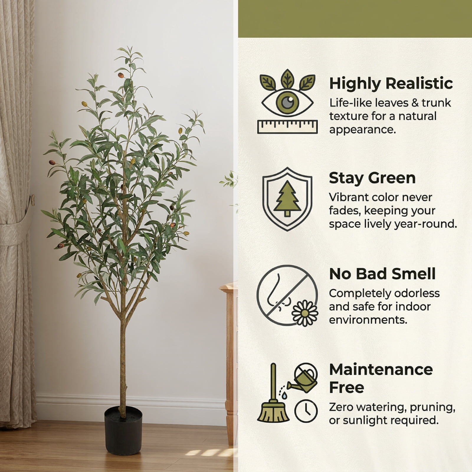 BEAUTYPEAK 5.1FT Artificial Plant Fake Indoor Olive Tree Decorative Outdoor Greenery in Black Pot