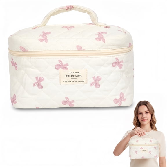 Cute Bow Makeup Bag Large Coquette Cosmetic Pouch Travel Aesthetic Quilted Toiletry Organizer for Women Girls, Waterproof Pink