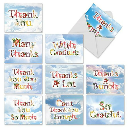 'M2359TYG THANKS A BUNCH' 10 Assorted Thank You Notecards Featuring Flower Filled Fonts That Say Thank You Against a Sky Background with Envelopes by The Best Card