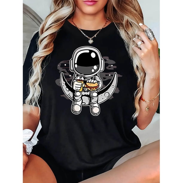 Camiseta para mujer Suave Transpirable veranoWomen's Casual Crew Neck T-Shirt with Creative Moon Astronaut Print, Geometric Pattern, Polyester 95% Spandex 5%, Medium Stretch Knit Fabric, All-Season