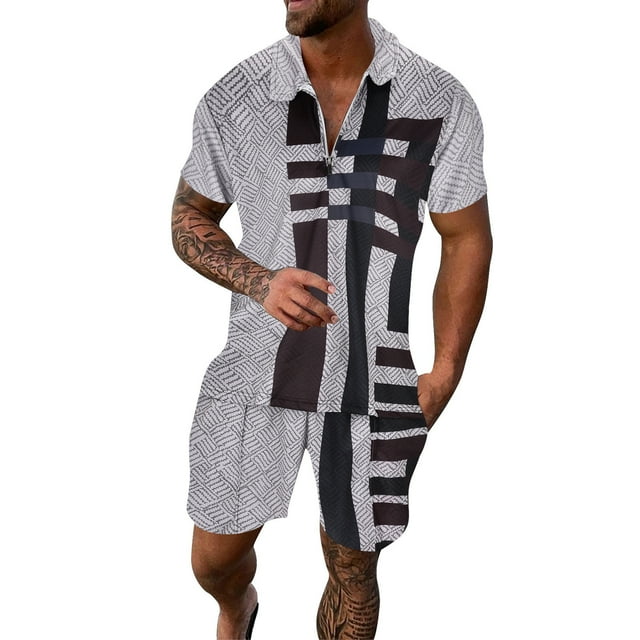 toraway Men's Sets Outfits 2 Piece Summer Autumn Men's Casual Striped Gradient Ramp Print Two Piece Suit Zipper Short Sleeve Top Suit Drawstring Pocket Short Set XXXL