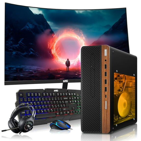 Restored HP Half Dark Gaming PC Desktop Computer – AMD Pro A10-9700,GT 1030 Graphics,8GB RAM,1TB SSD,24 Inch Curved Monitor,RGB Keyboard with AI Copilot,Mouse,WiFi,RGB Headphone,Windows 11