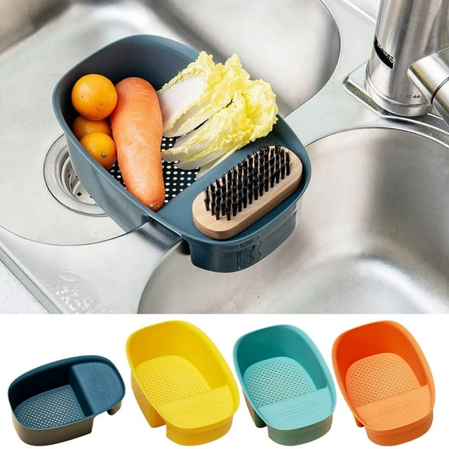 Cesta de drenaje del fregadero de sillín - Colador colable para verduras de cocina con ganchos, 21x13,5x7,5cm, juego de una pieza naranja/azul/verde/amarillo.