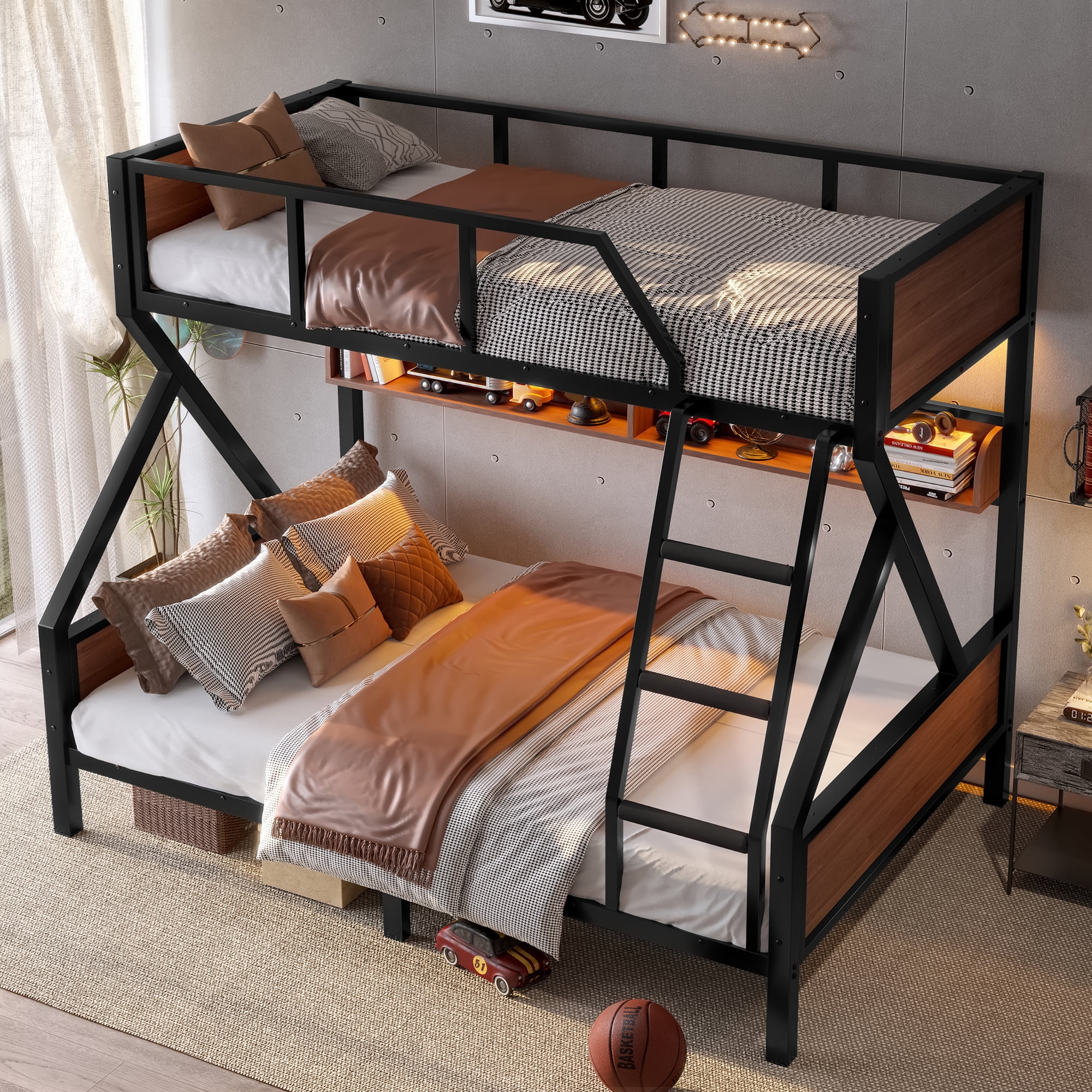 Twin Over Full Size Bunk Bed with Storage Shelves & LED Light, Metal Bunk Bed Frame with Wood Board & Sturdy Slats, Heavy Duty Bed Frame, Noise Free