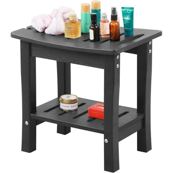 Bathroom Bench and Shower Bench,Shower Stool with Storage Shelf Waterproof,HDPE Corner Shower Chair Equipped with Adjustable Legs and A Shaving Shelf,Non-Slip (Black, 16.5 * 11.8 * 16.3)