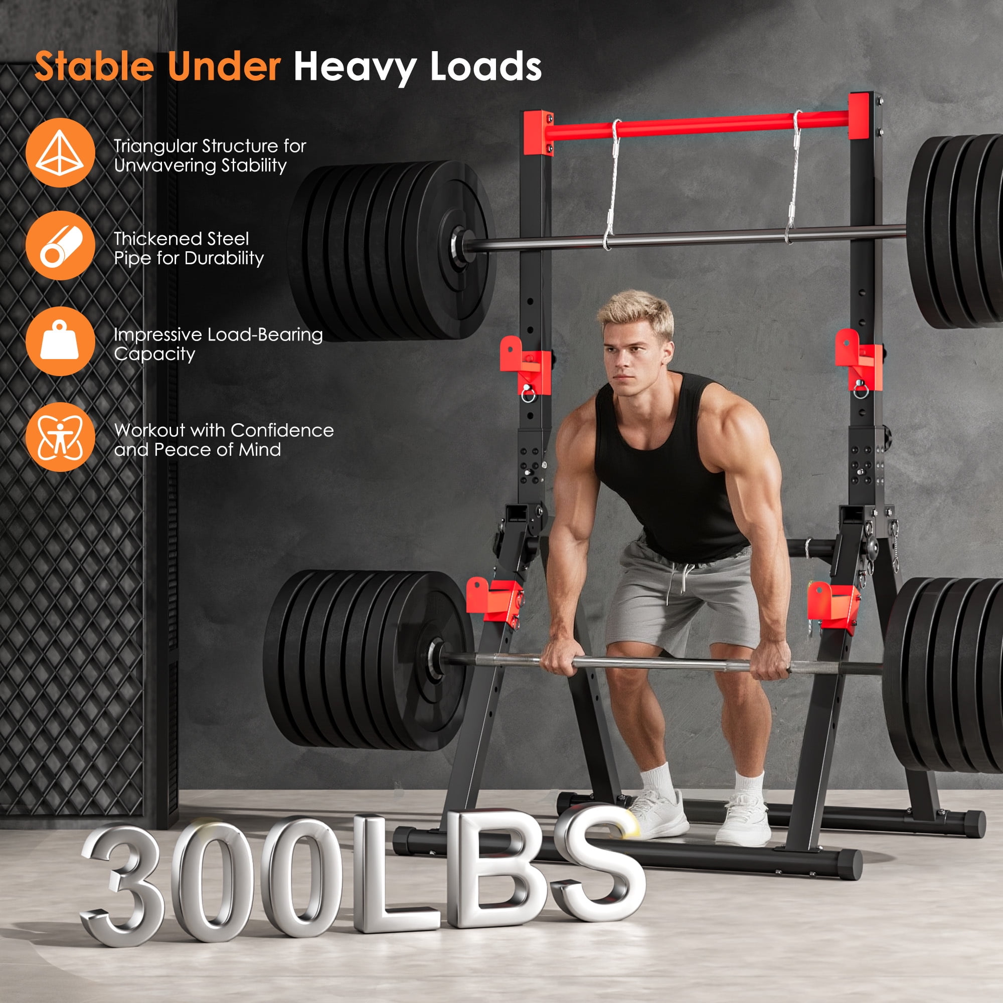 Multifunction Foldable Triangular Structure Pull Up Station , Free Standing Power Tower Pull Up Bar Dip Station Adjustable Height Strength Training Workout Equipment, Support 500lbs, Black + Red