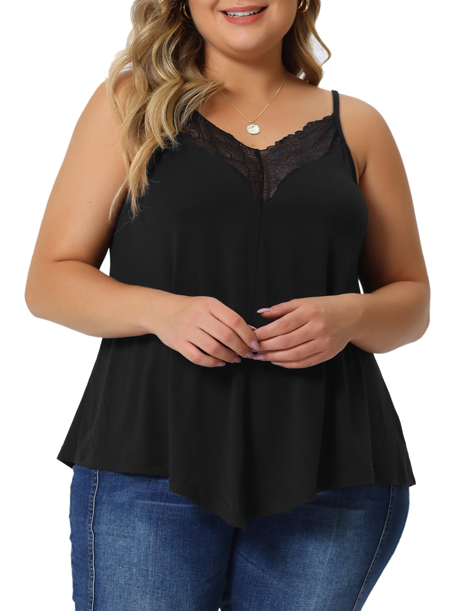 DARING DIVA Women's Plus Casual V-Neck Cami Tank Lace Front Sleeveless Tops L Black