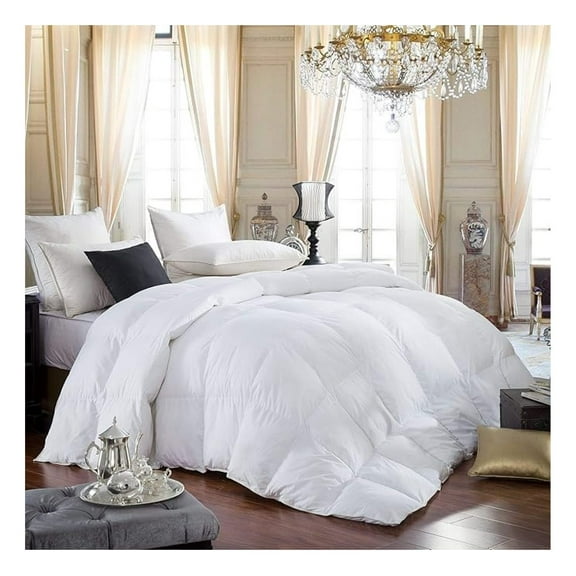 Luxurious Queen Size Siberian Goose Down Comforter, 600 Thread Count 100% Egyptian Cotton Cover, Solid White Color, 60 Oz Fill Weight, All Season Down Comforter