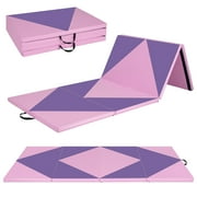 Gymax Gymnastics Gym Mat 4-Panel Folding Lightweight Gymnastics Tumbling Mat w/ Hook Pink & Purple