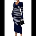 thumbnail image 3 of Vestido de Suéter A Rayas con Cuello en V para Mujer, Larga, Ajustado, Midi. Azul Marino L, 3 of 7