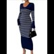 thumbnail image 3 of Vestido de Suéter A Rayas con Cuello en V para Mujer, Larga, Ajustado, Midi. Azul Marino XL, 3 of 7
