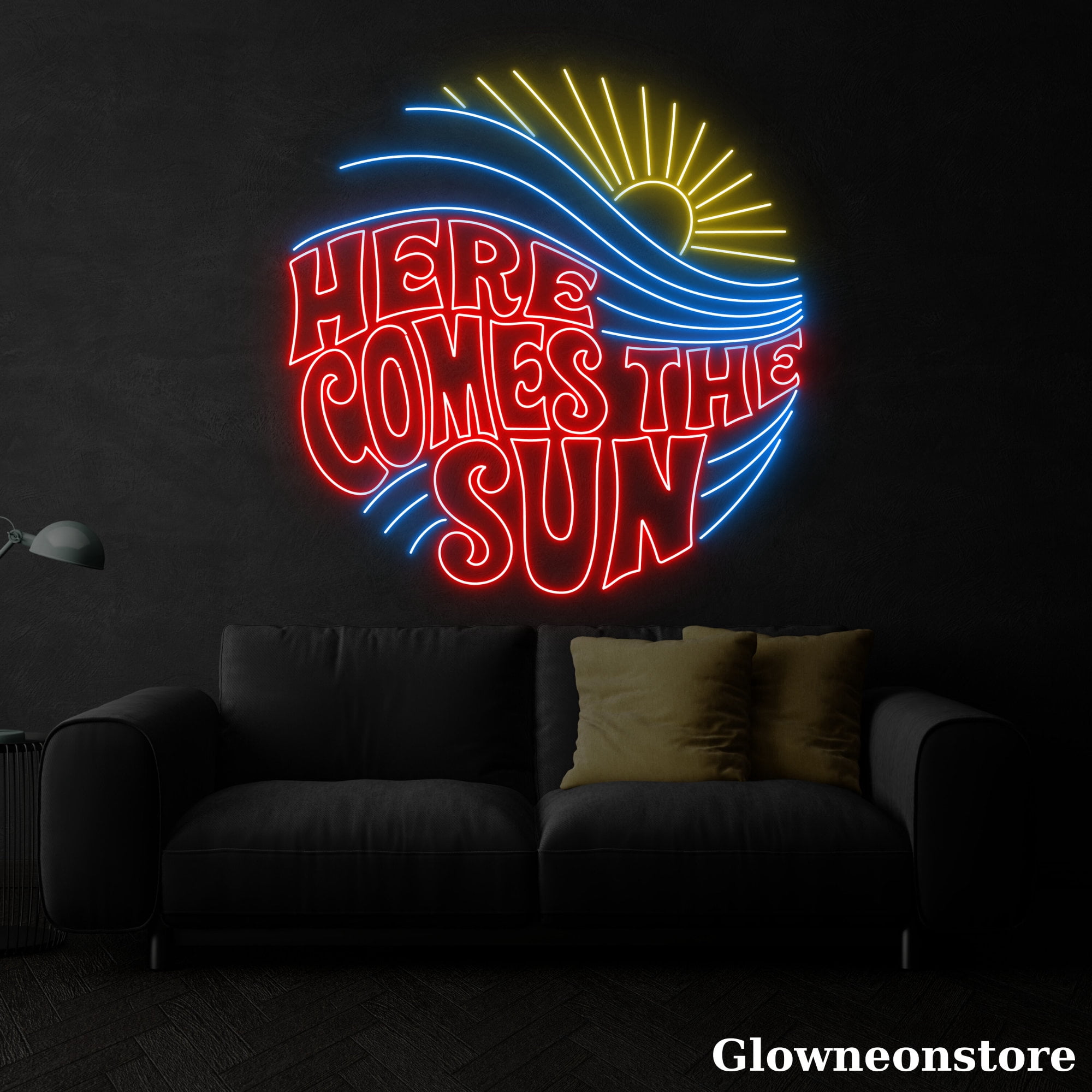 Glowneon Here Come The Sun Neon Sign, Here Come The Sun Neon Sign, Sunrise Wave Led Light