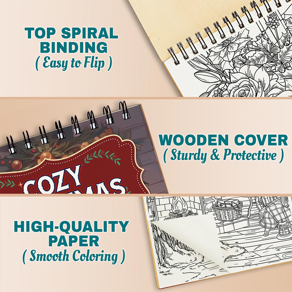Netecom Cozy Christmas Coloring Book Spiral Bound for Adults, A5 Wooden Cover, 30 Charming Coloring Pages of Xmas Holiday Day for Stress Relief and Relaxation