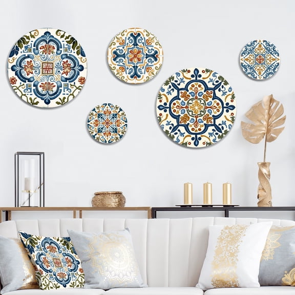 Designart "Mediterranean Tiles In Retro Blue I" Abstract Tile Metal Wall Art Set of 5 Piece