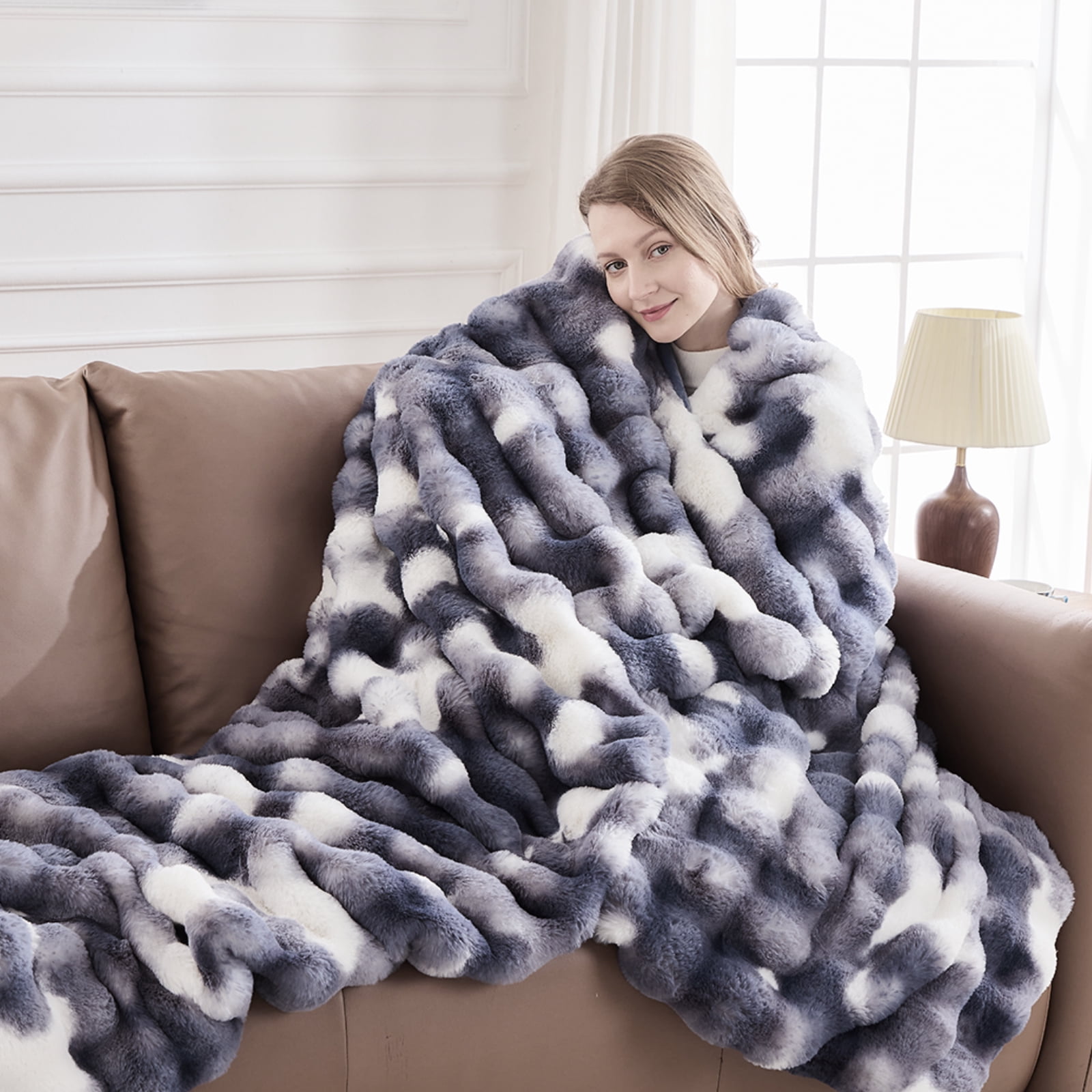 GEMBED Faux Fur Throw Blanket for Couch Fuzzy Soft Plush Thick Bubble Blanket for Living Room, 50x60 inches, Tie Dye Blue
