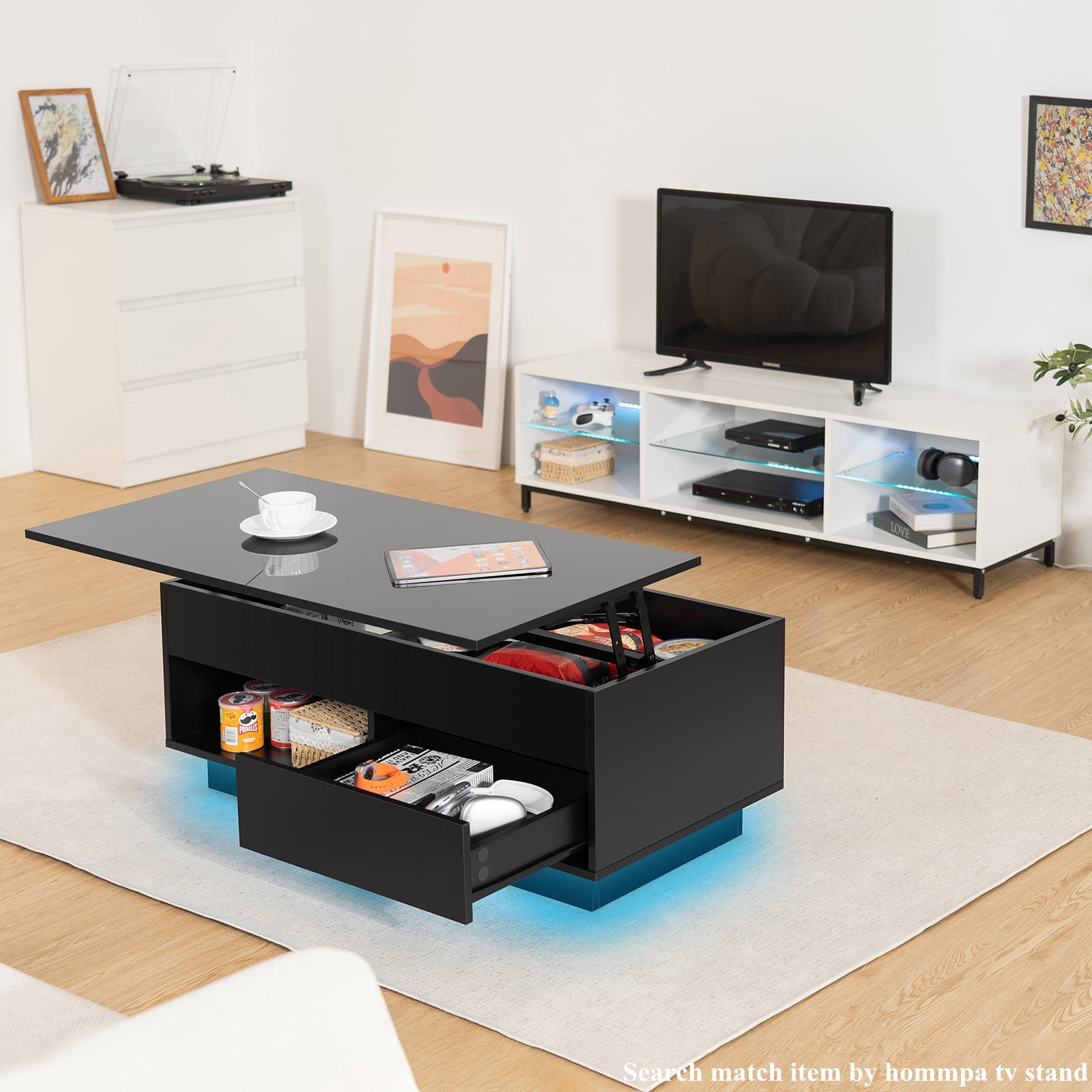 Hommpa 40'' Lift Top Coffee Table with LED Lights Modern High Gloss End Table with Rising Top, Hidden Storage Drawer & Open Shelf