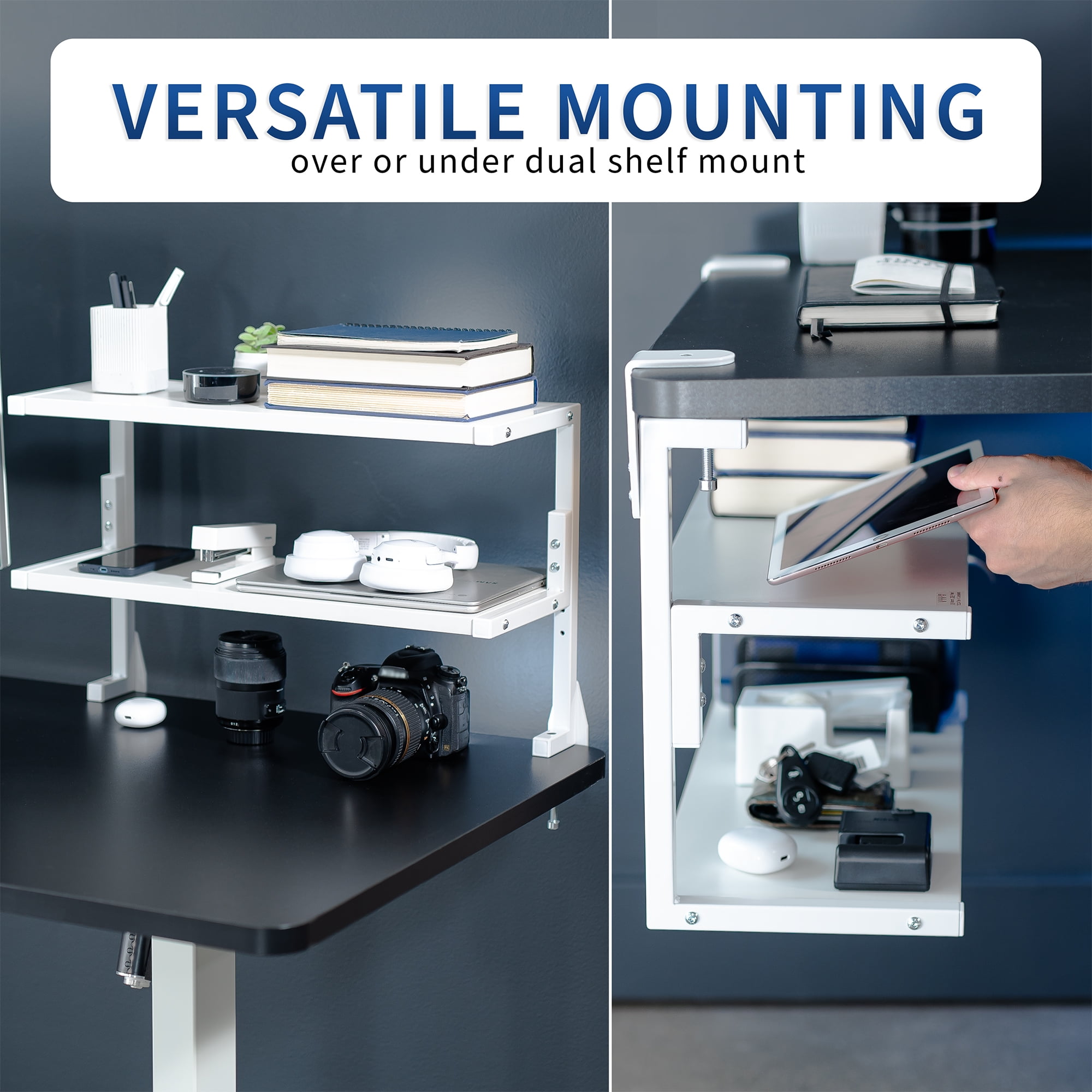 VIVO White Clamp-on 24" Above or Below Desk 2-Tier Shelving Unit, Desk Organizer