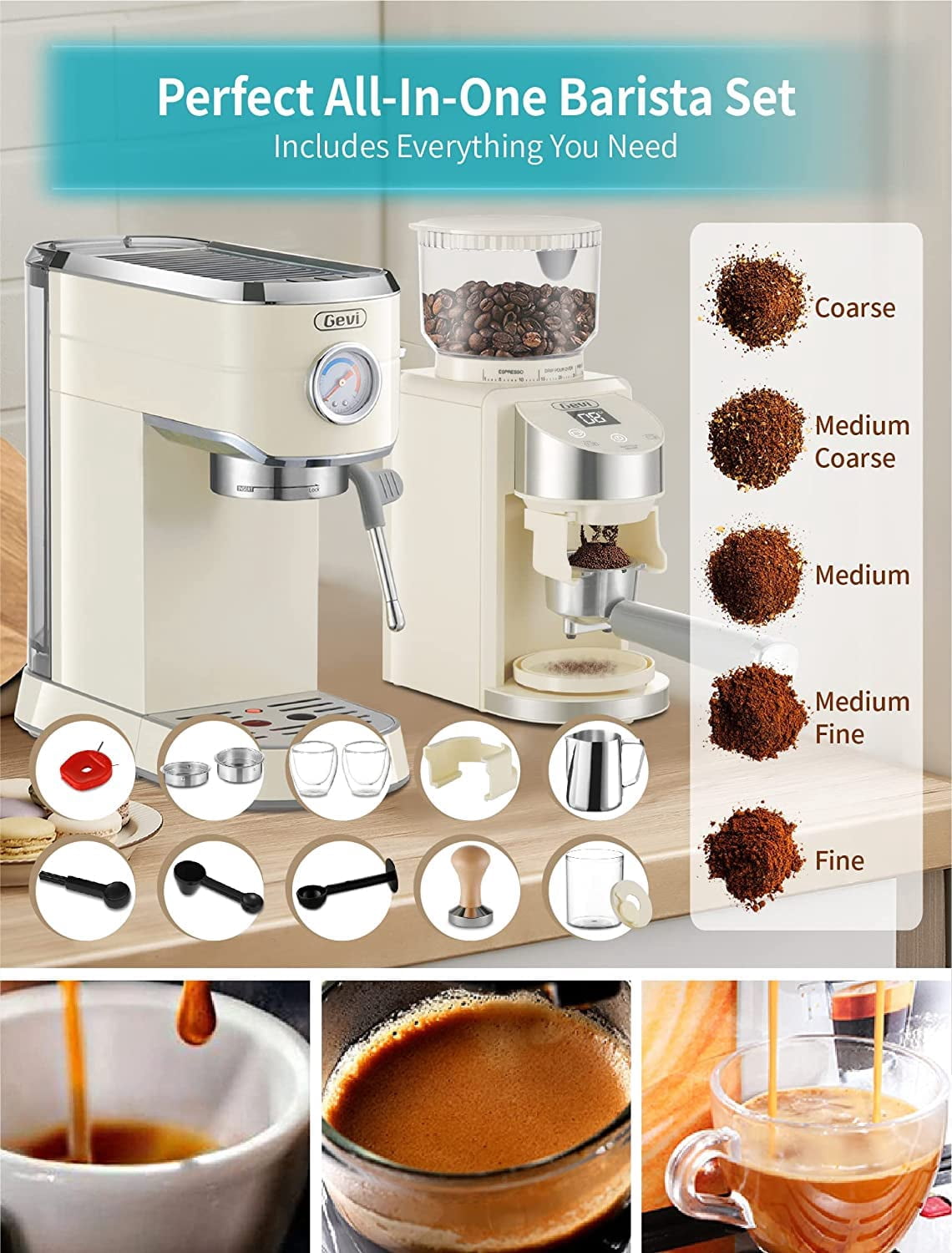 20 Bar Professional Espresso Coffee Machine with Milk Frother/Steam Wand for Espresso, Latte and Cappuccino, with 35 Precise Grind Settings Burr Coffee Grinder